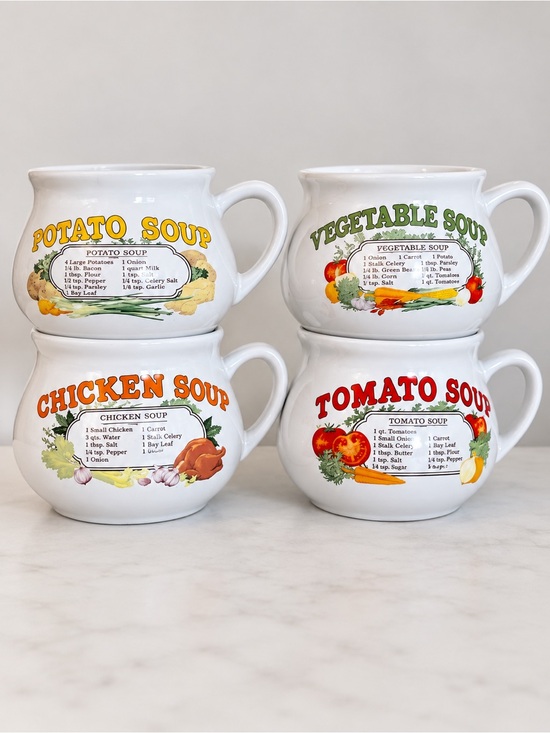 Source Unknown Other - Soup Mug Set - White Ceramic Vegetable, Potato, Chicken, Tomato Designs